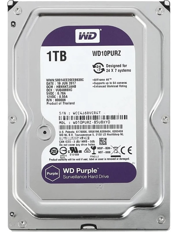 Ổ cứng lắp trong Western Digital 1TB 3.5” Sata3 màu tím (purple) (WD23PURZ)