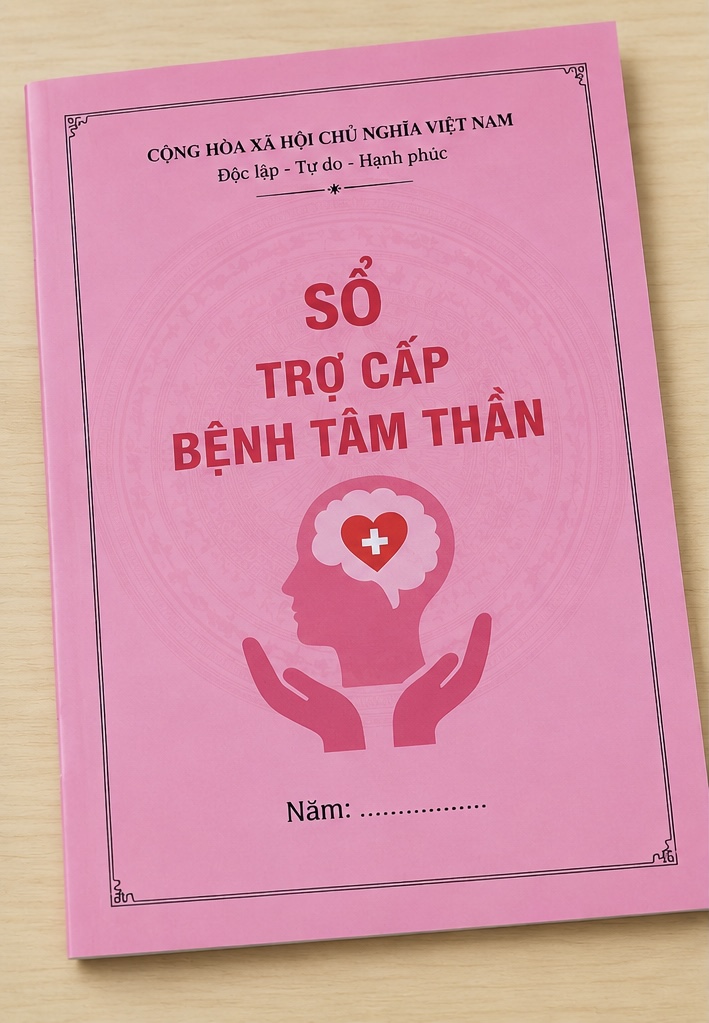 In Sổ trợ cấp Bệnh Tâm thần (Khổ A5, bìa hồng, in màu tổng số 20 trang)