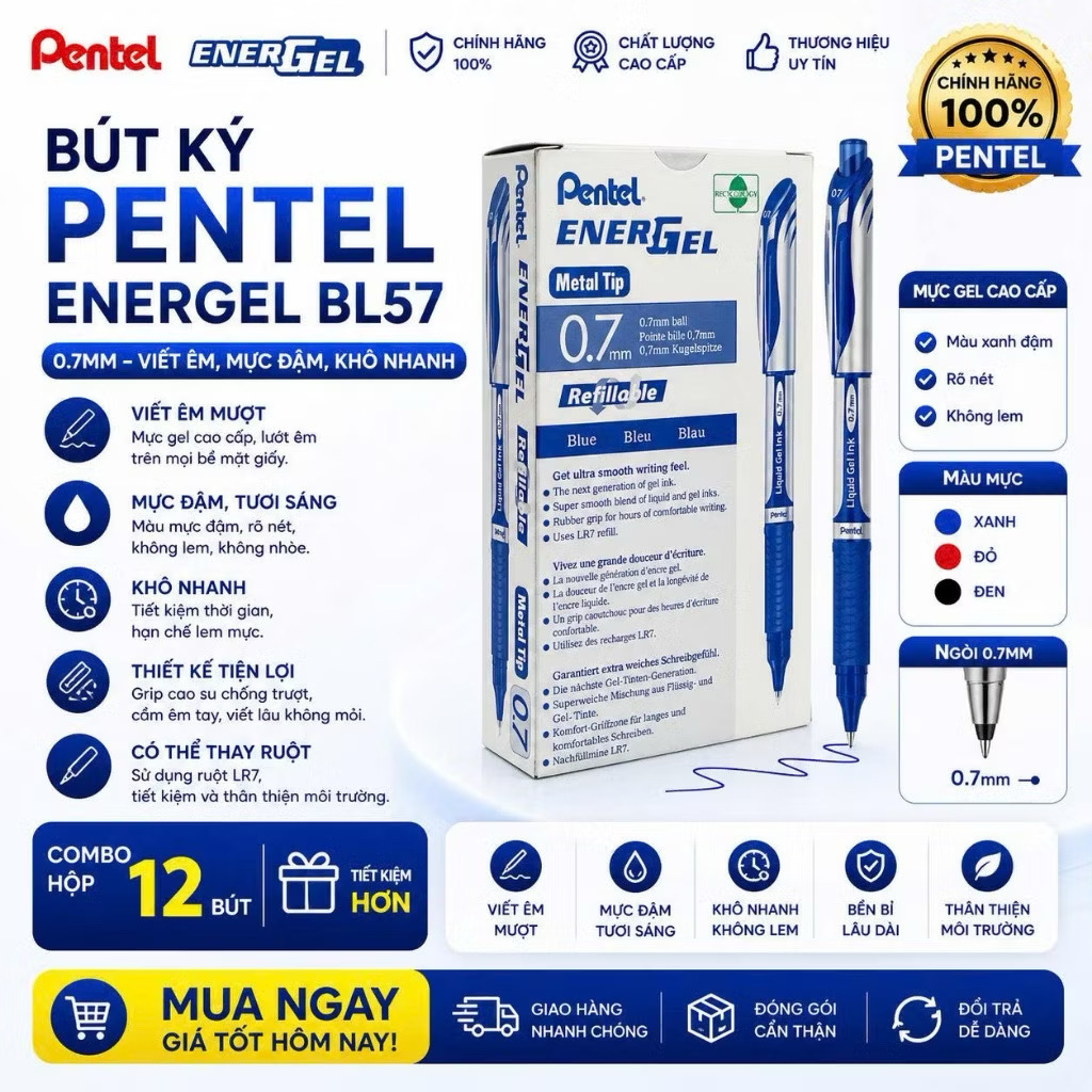 Bút Pentel 0.7mm màu xanh (hộp 12 chiếc)