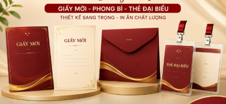 In + thiết kế giấy mời + phong bì + thẻ đại biểu